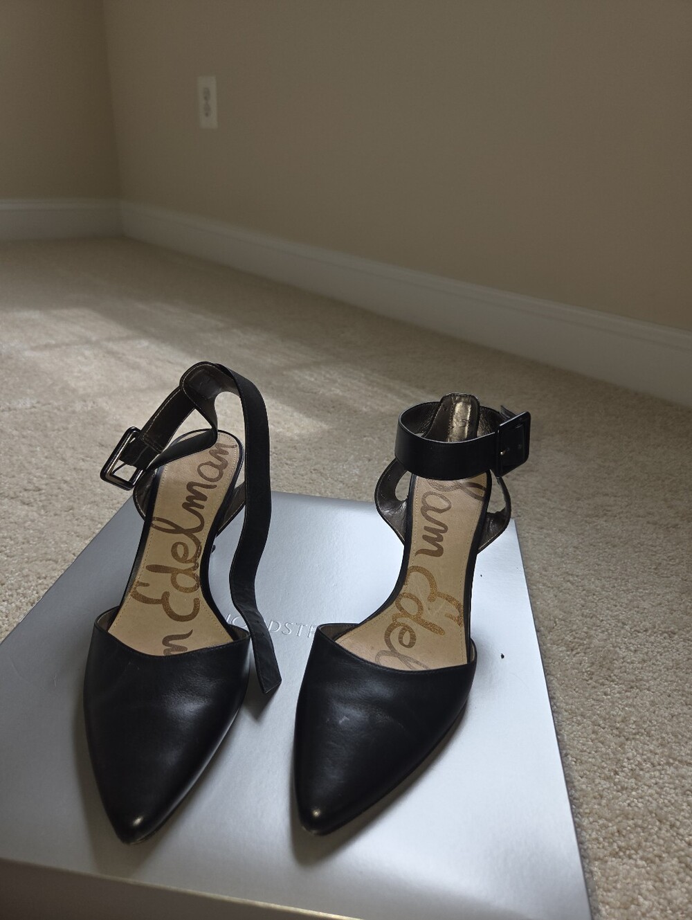 Sam Edelman Black Leather Pointed-Toe Ankle-Strap Heels
